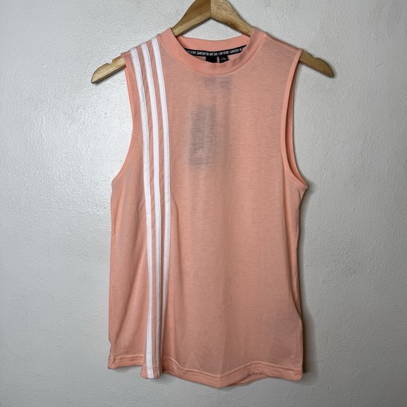 Adidas Must Have 3 Stripe Tank Top Pink White High Neck Athletic Workout Shirt - Picture 1 of 12